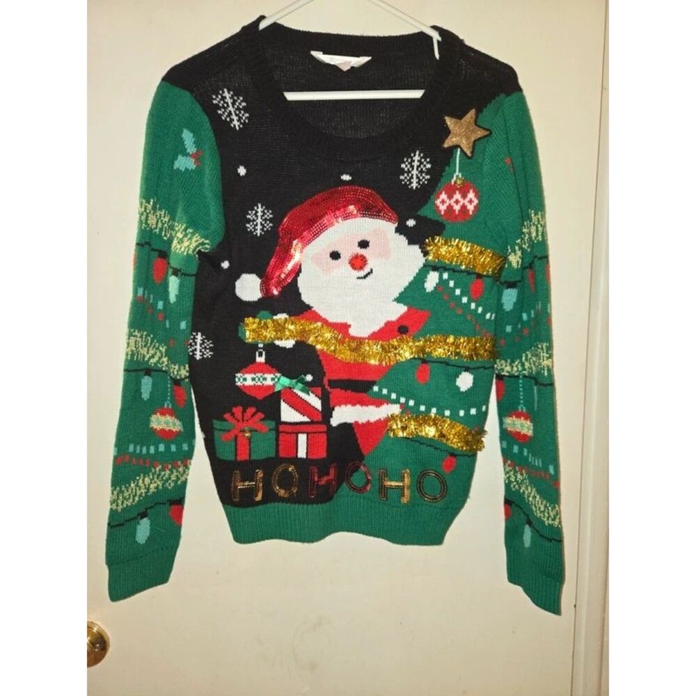 No Boundaries Women’s Santa & Tinsel Ugly Christmas Sweater - Size M (7-9)